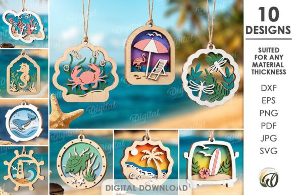 3D Summer Ornaments Bundle Laser Cut